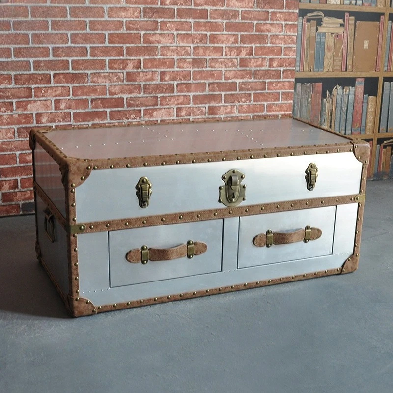 

Coffee table industrial style furniture aluminum leather rivets double pumping coffee storage
