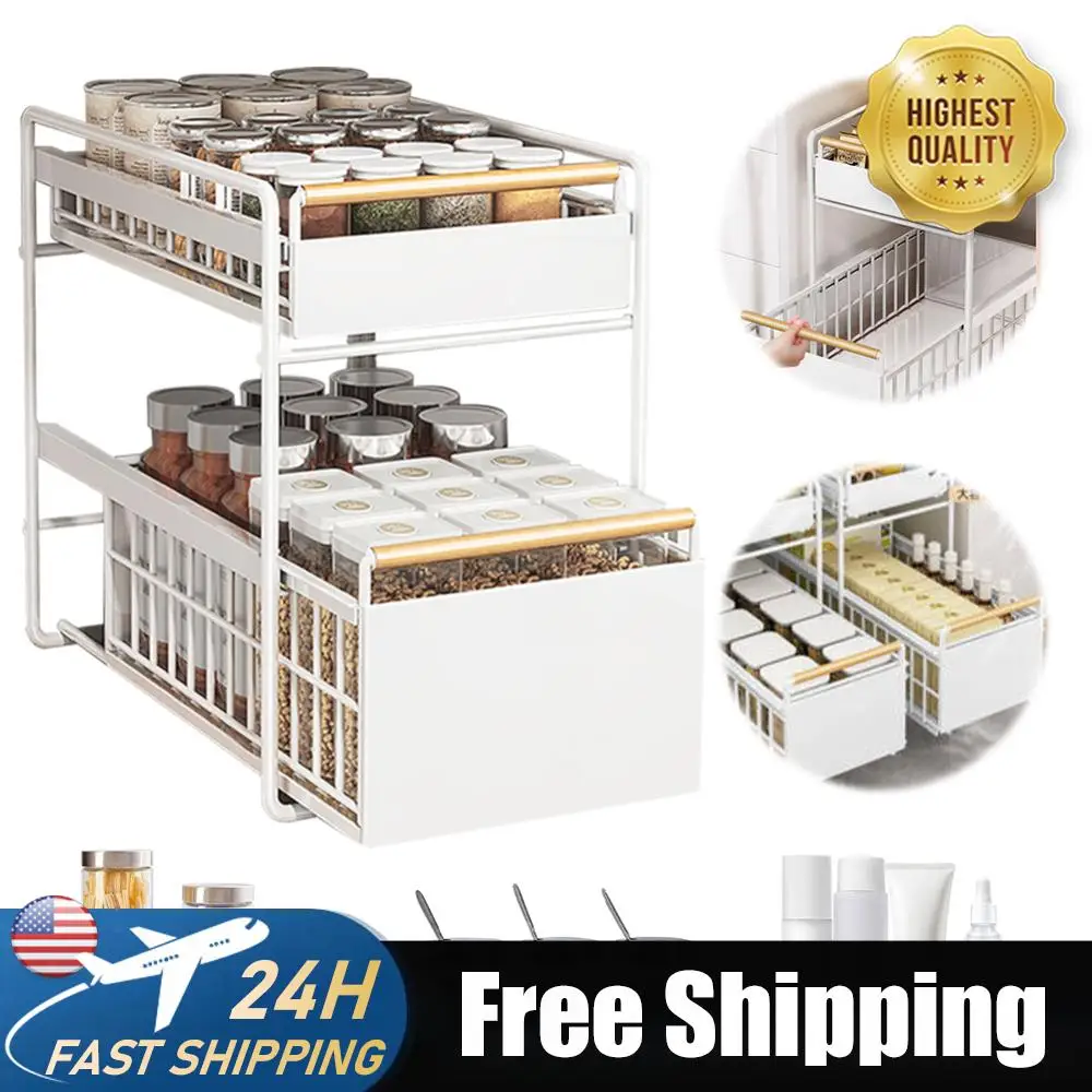 

Выдвижная двухуровневая полка-органайзер под раковину для кухонного шкафа, выдвижная корзина-органайзер для ванной комнаты