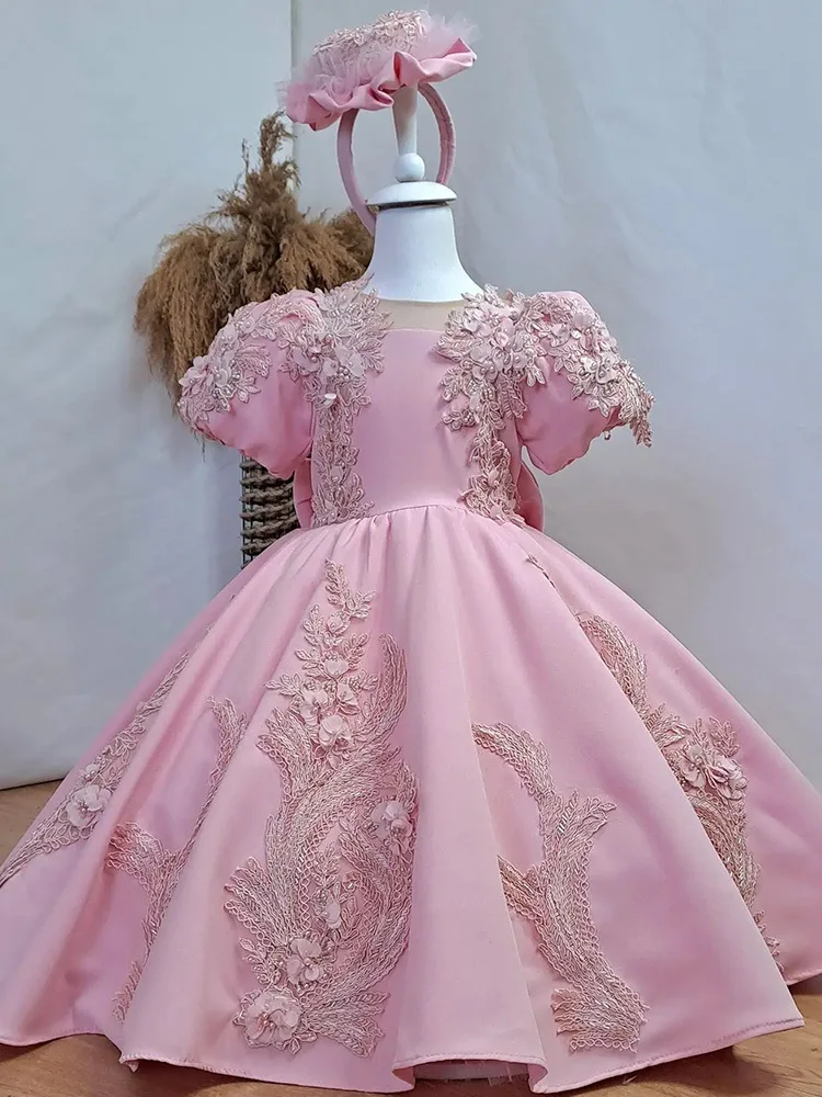 Girls Dress Pink Embroidery PrincessTailed gown Birthday Party Children Lace Pearl Ball Gown Big bow Sequinde Evening Dresses