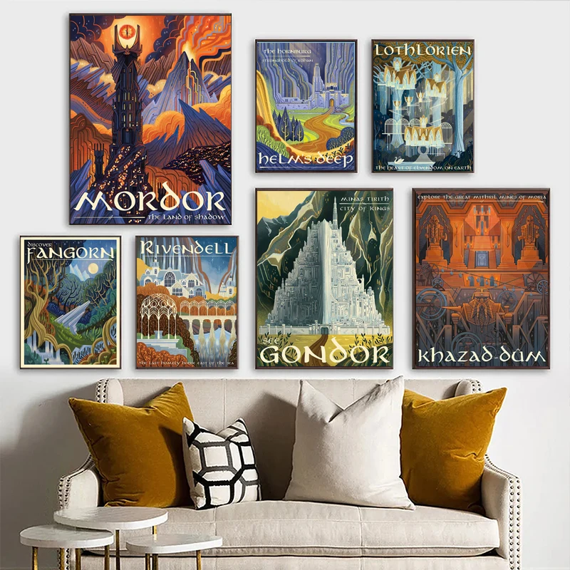 1pc frameless Abstract Ring Art Retro Travel Poster Vintage Film Mordor Castle Lord Magic Canvas Painting Wall Kid Bed Room Home