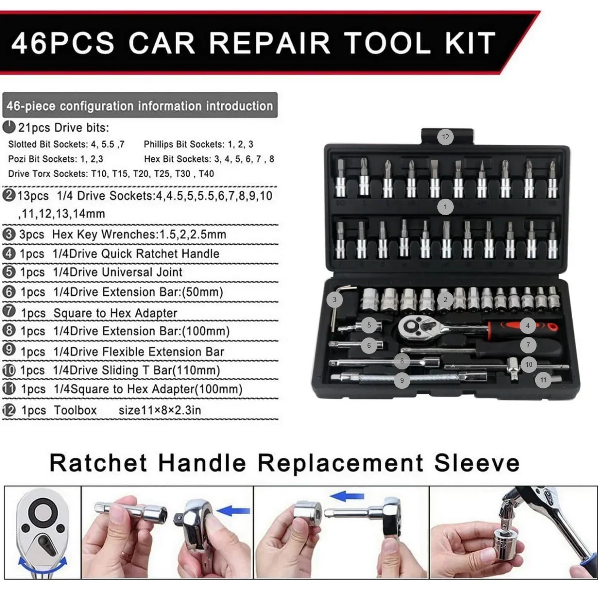 46pcs 1/4 Inch Drive Socket Set Ratchet Wrench Set Car Tool Kit, Bit Socket Wrench Set Metric Mechanic Tool Set Car accessories