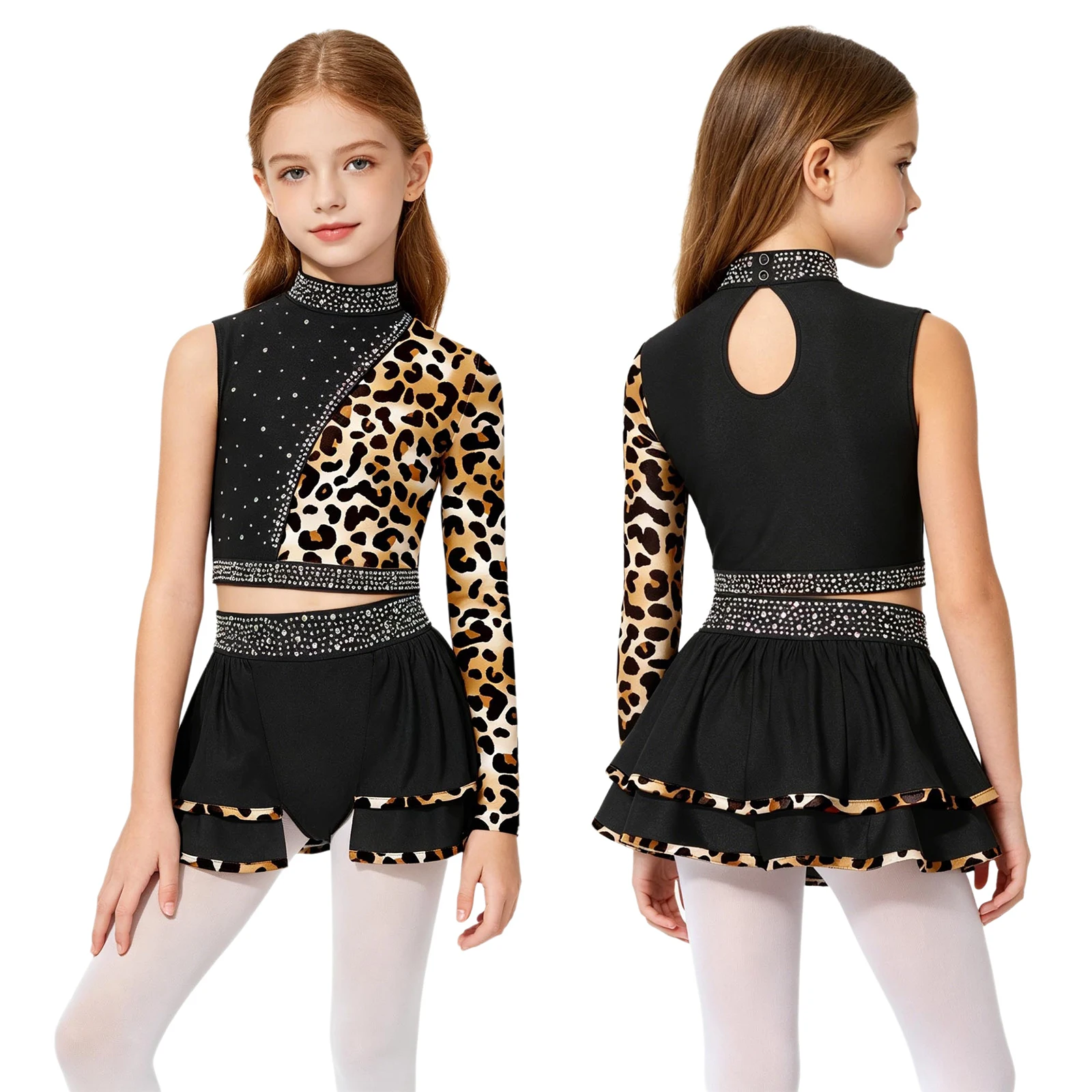 

Kids Girls Rhinestones Ballet Sets Jazz Dance Outfit Asymmetrical Sleeve Long Sleeve Crop Top with Skirt for School Dancewear
