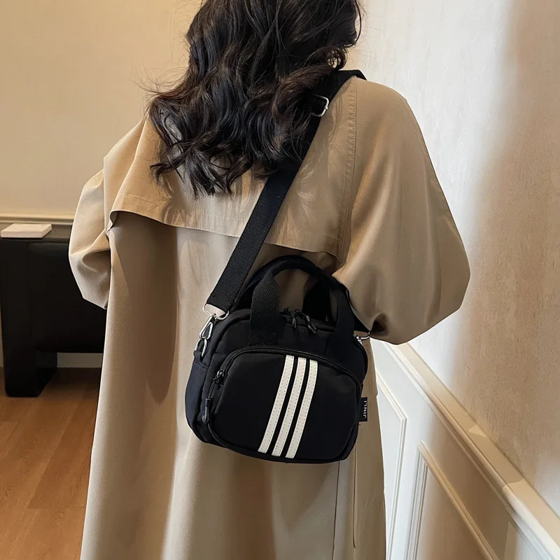Casual Canvas Shoulder Bag for Women Urban Minimalist Style Pure Color Crossbody Soft Nylon Material Zipper Opening Medium Size