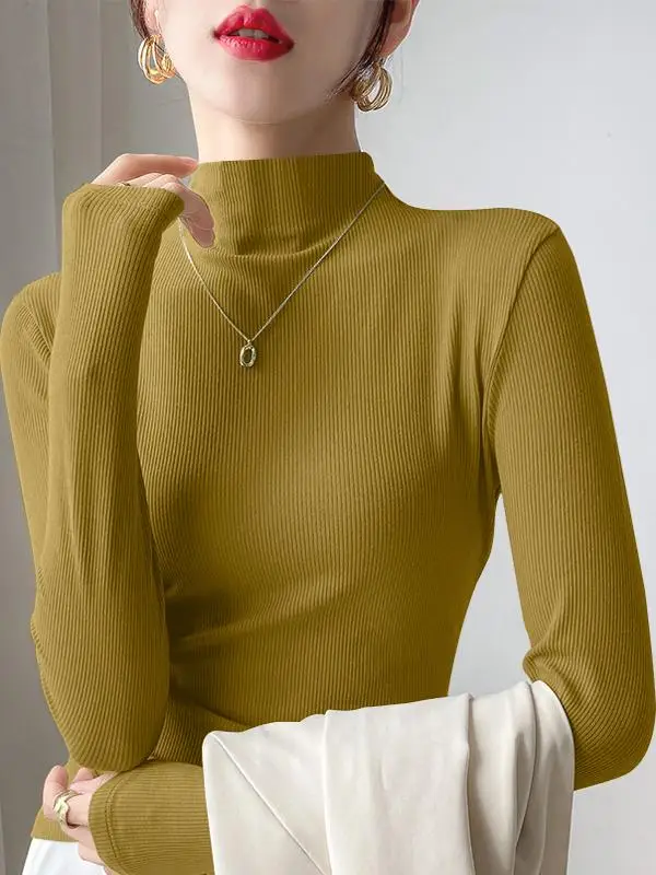 

Женская приталенная футболка Fenixuan с длинным рукавом, высоким воротником и эластичной основой, новая весенняя модель для повседневной носки