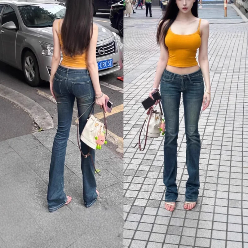 

Korean-style vintage distressed flared jeans for women, new autumn collection, low-waisted, slimming, figure-flattering, floor-l