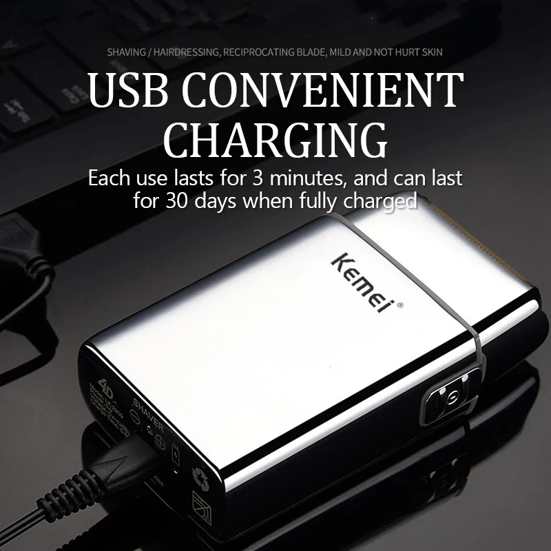 Kemei KM-TX5 Premium Chargeable Battery Type Silver Shaver Double Net Aluminum Alloy Reciprocating Electric Shaver image 4