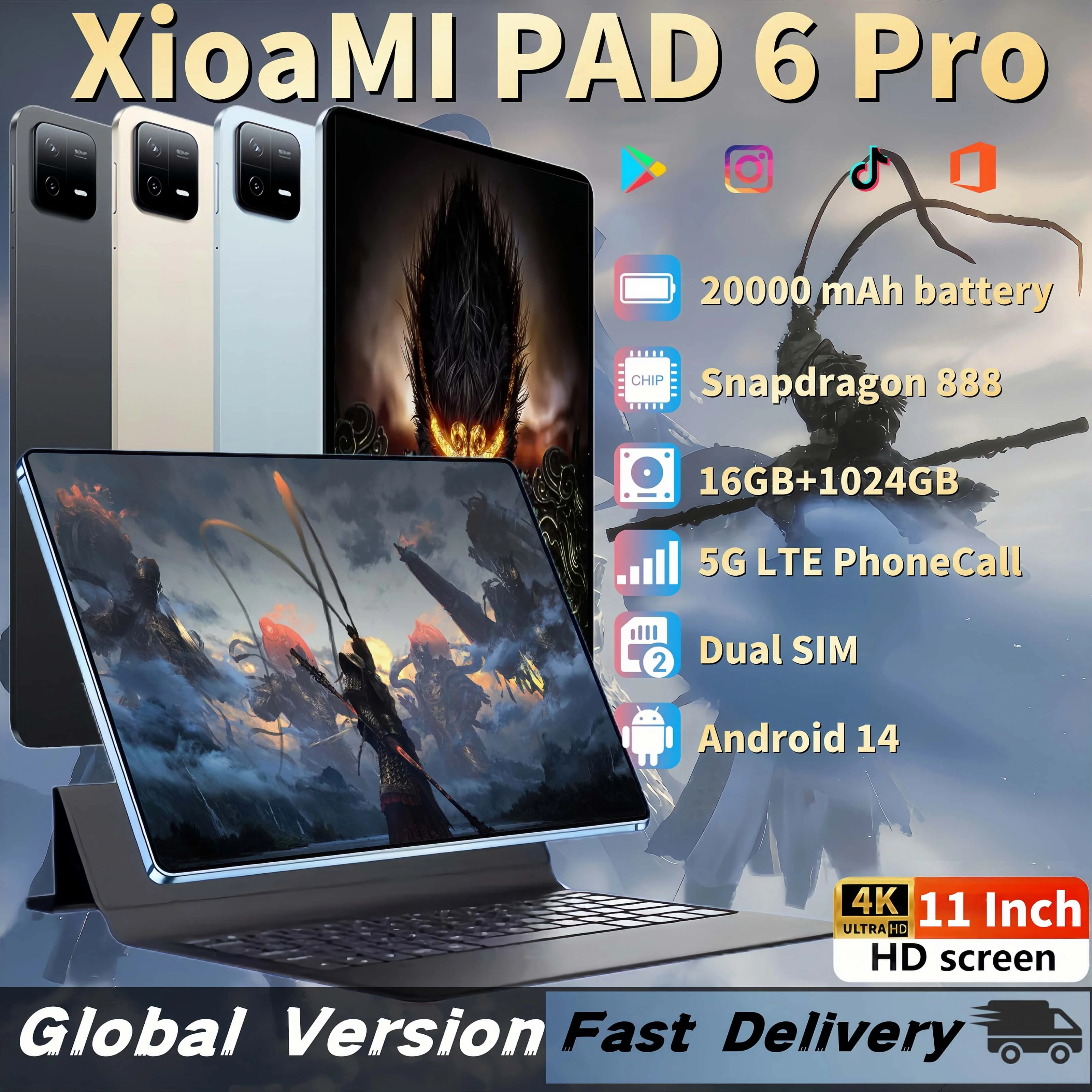 2024 New Original PAD 6 Pro Global Version Snapdragon 888 20000mAh Xioaml Tablets Android 14 16GB+1TB 5G Dual SIM HD 4K Tab PC