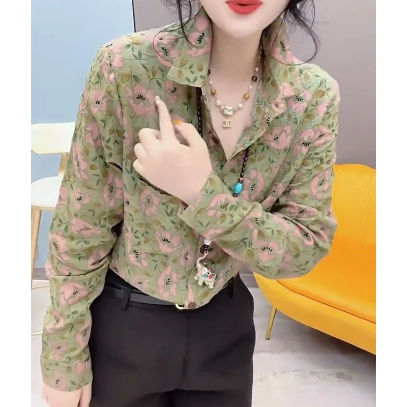 Women Stylish Vintage Floral Print Button Up Shirt Casual Lapel Pocket Cotton Linen Blouse Spring Autumn Long Sleeve Loose Tops