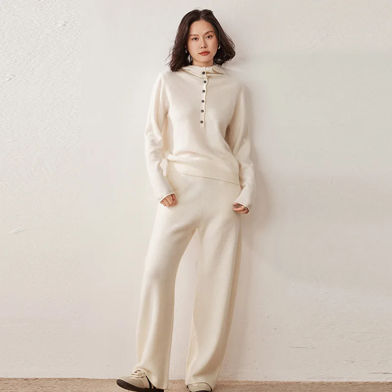 

Women's 100% Pure Cashmere Hoodie Set Autumn Winter Knitted Two-Piece Pullover Wide Leg Pants Half Open Front Style