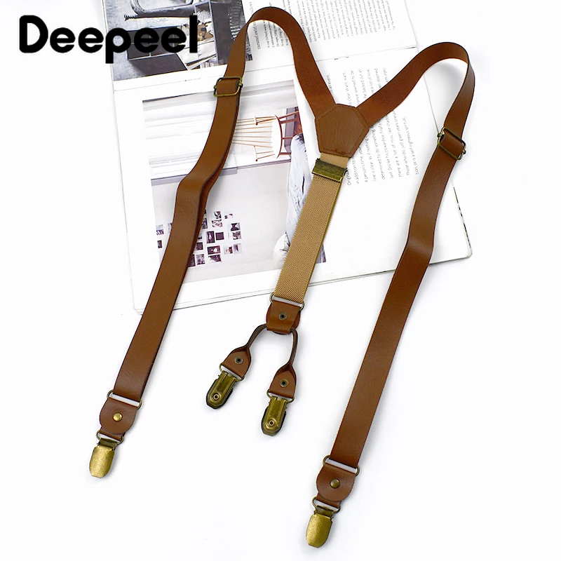 Deepeel 3*95cm Mens Suspenders Retro 4 Clips Strap Unisex Leather Y-shaped Suspender PU Non-slip Sling Clip Casual Men's Braces