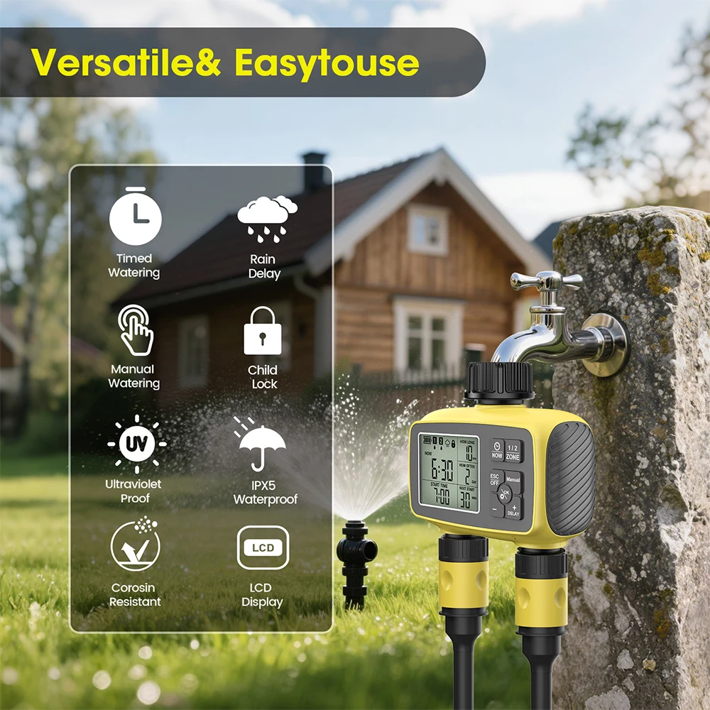 Large Screen Display Irrigation Water Timer 2-ZONE Automatic Irrigation Controller Flower Plants Watering Device Timed Sprinkler