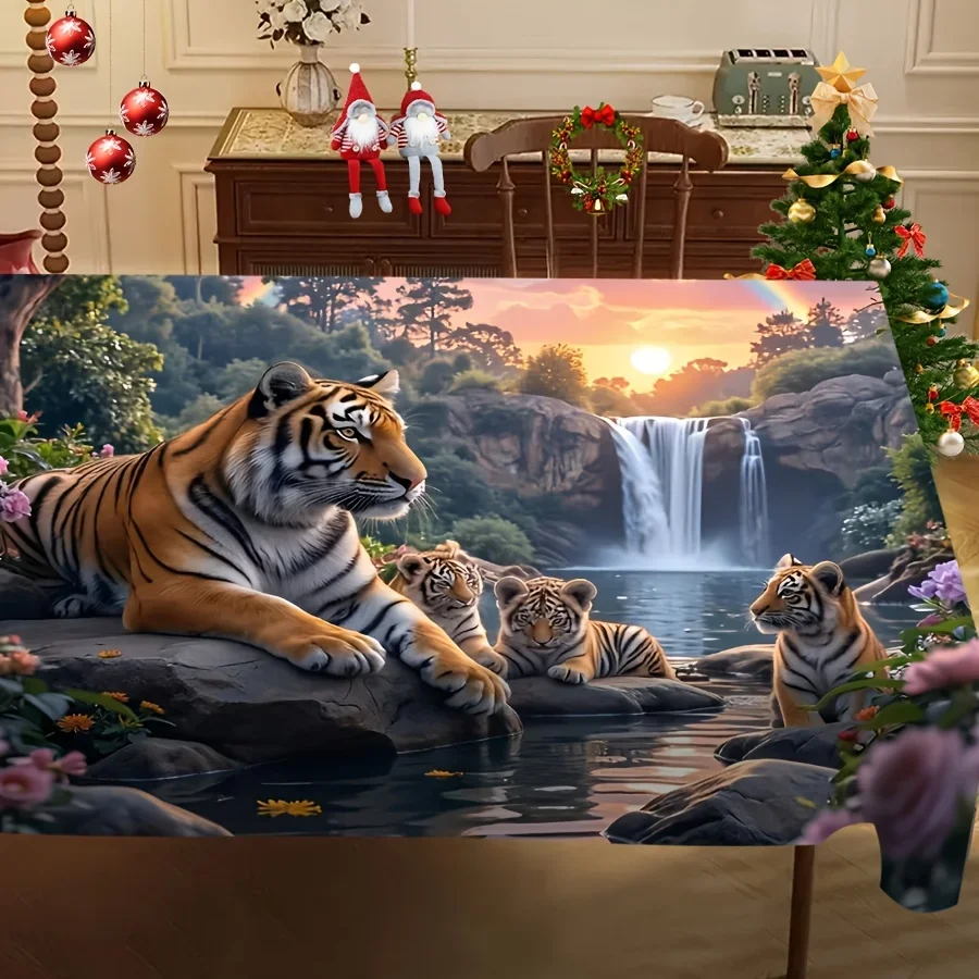 JIT - 1 piece of natural ecological jungle-style decorative tablecloth, featuring tigers and waterfall sunset colorsxzj