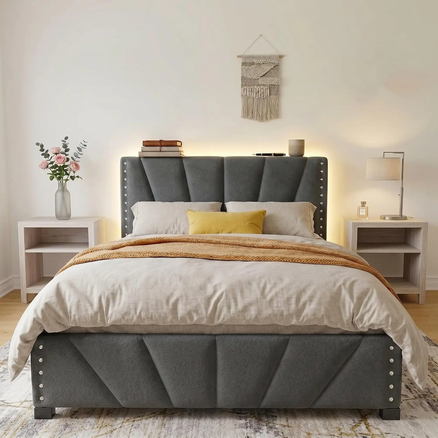 Queen Bed Frame with LED Lights & USB, Noise-Free, Grey | Adjustable Velvet Headboard,Under-Bed Storage,Heavy Duty, Customized