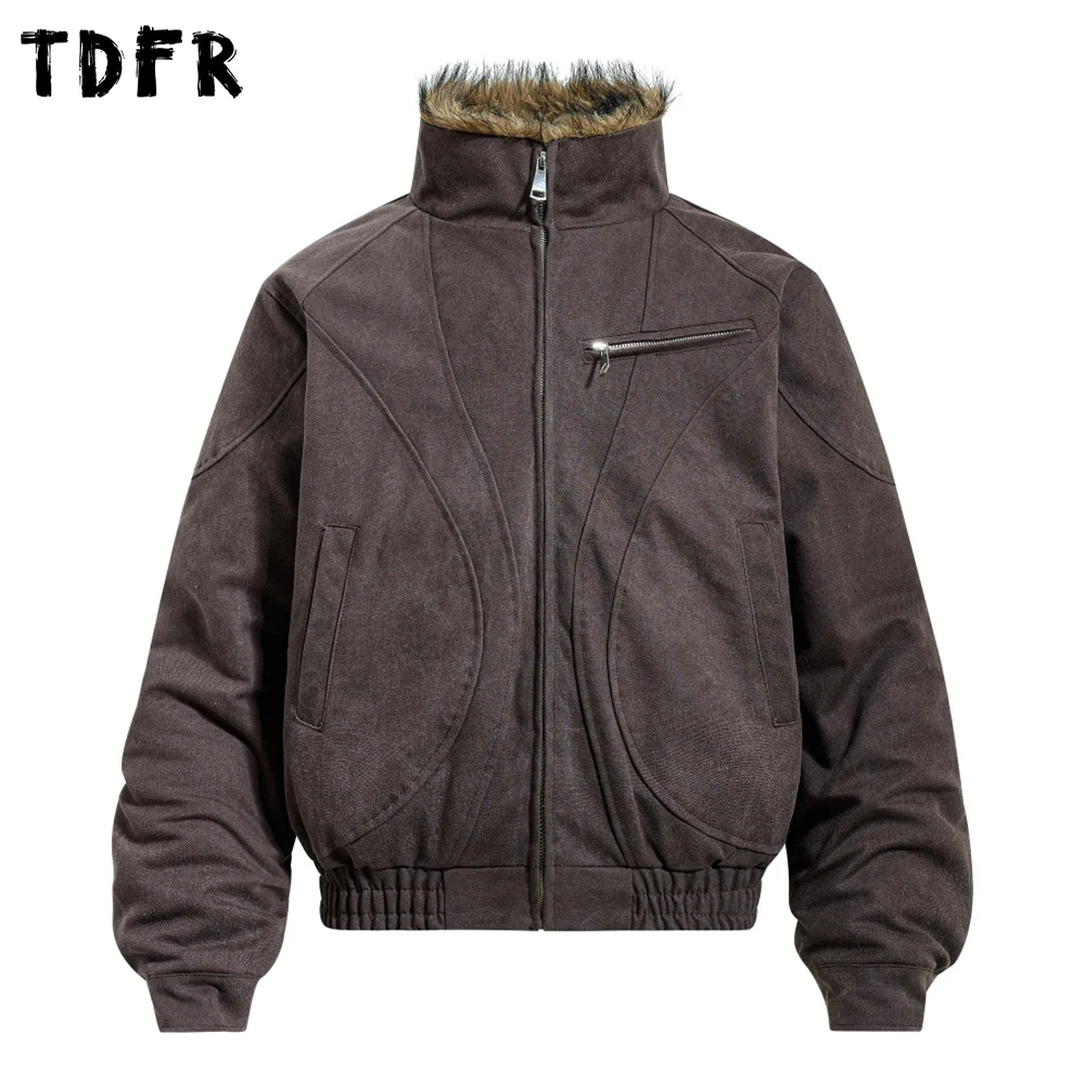 

Stand Collar Spliced Cargo Padded Jacket Mens Winter Thick Loose Long Sleeve Fur Collar Outerwear Man