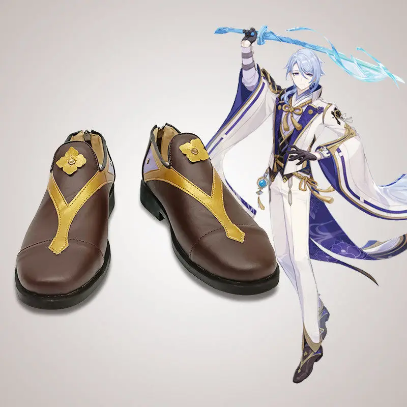Anime Genshin Impact Kamisato Ayato Cosplay Shoes Brown Short PU Leather Boots For Halloween Carnival