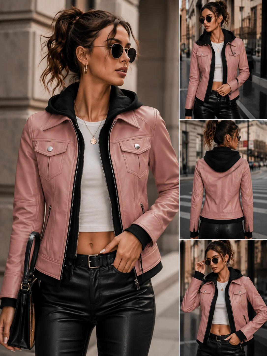 2026 New Women's Pu Hooded Jacket Punk Style Multi-Pocket Coat Spring and Autumn Season Jacket Women's Motorcycle Jacket Casual Jacket Holiday Gift