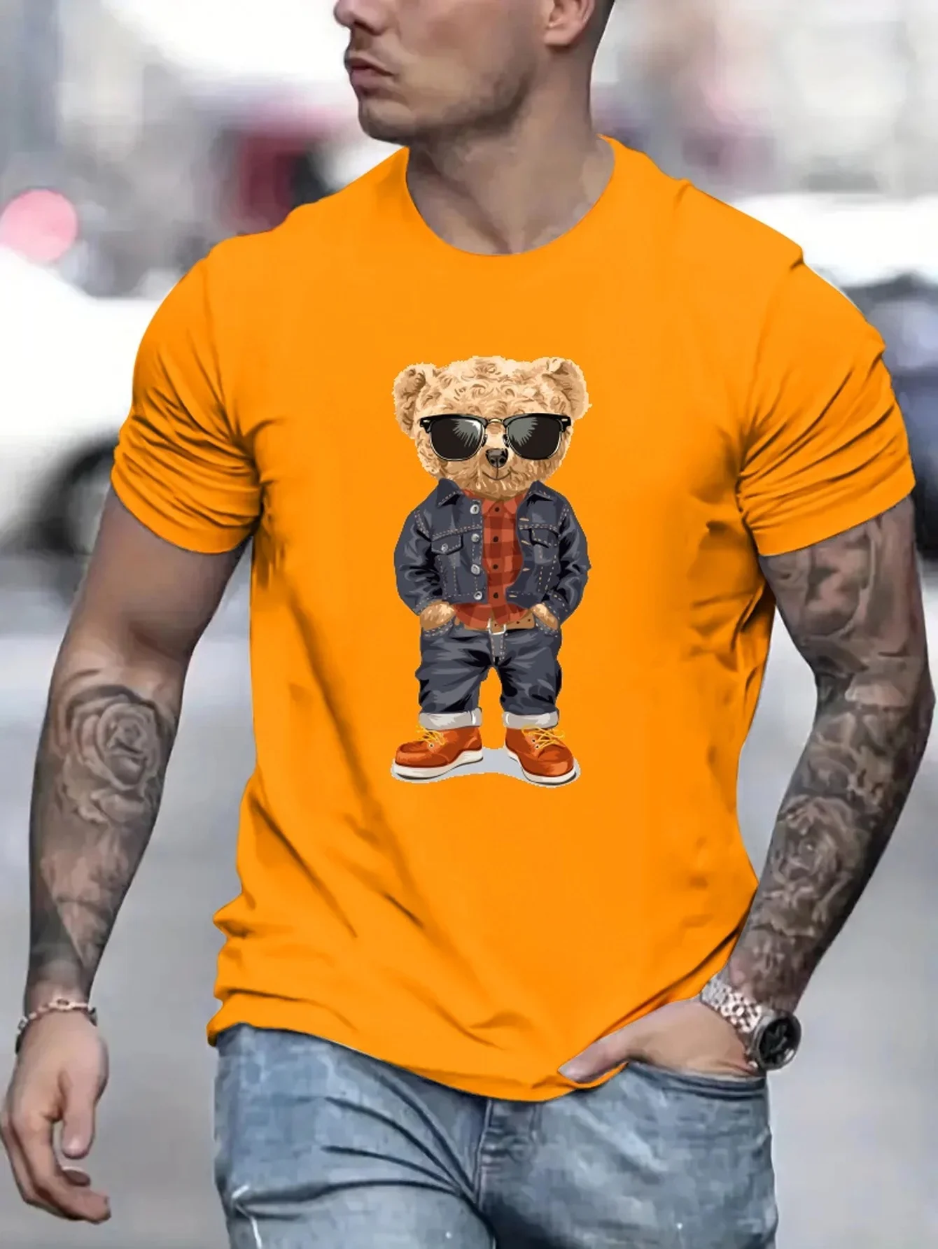 Cool Teddy Bear Men\'s Trendy T-shirt For Summer Outdoor, Casual Mid Stretch Crew Neck Tee Short Sleeve Graphic Stylish Top