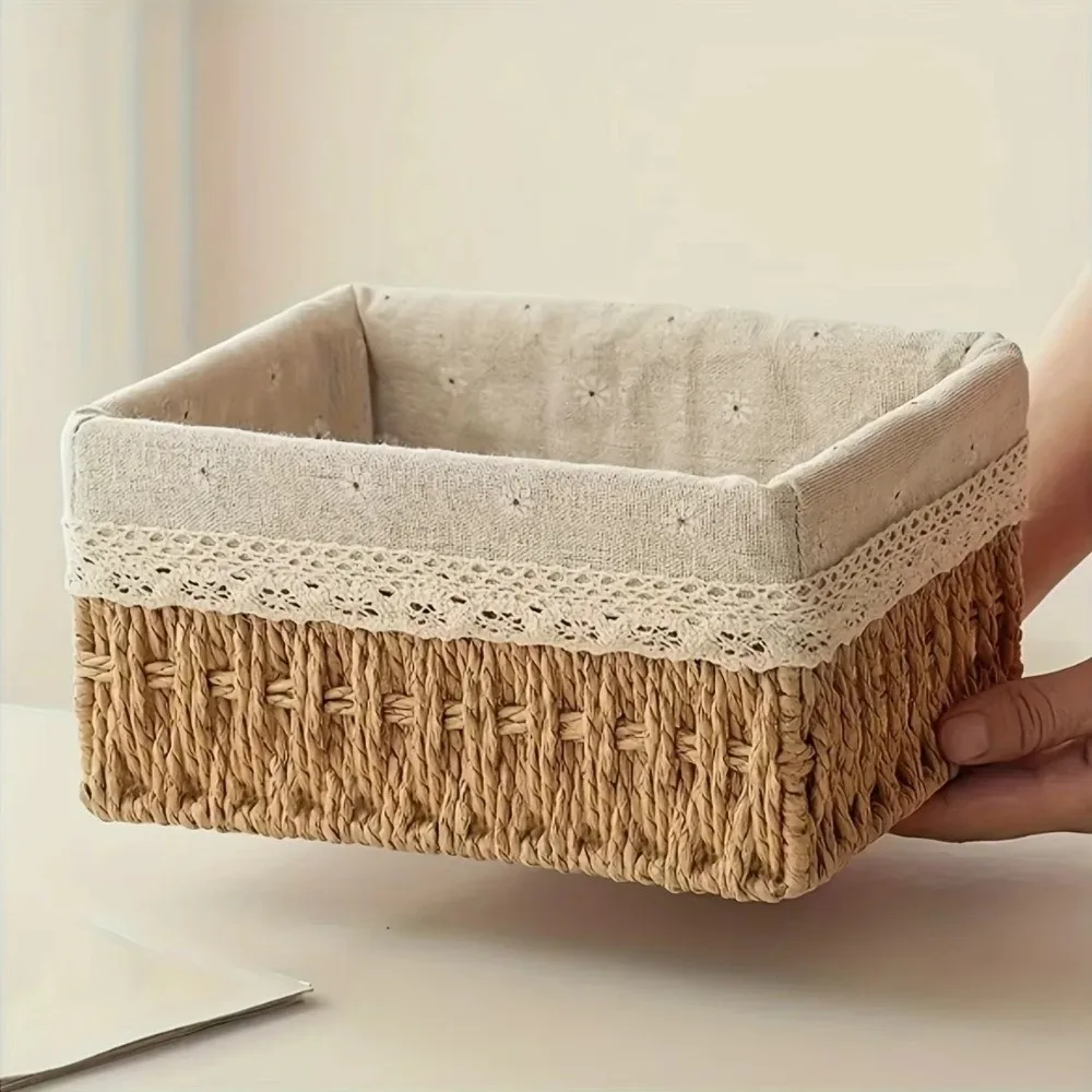 With Removable Lace Lining Woven Storage Basket Rectangle Shape Large Capacity Desktop Sundries Organizer Multifunctional