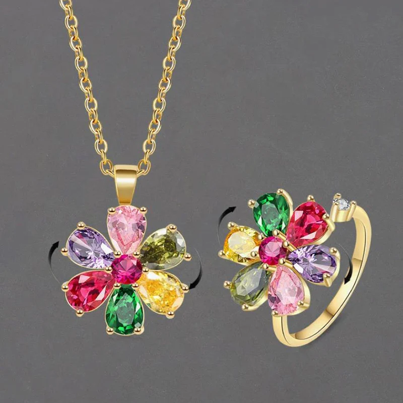 Rotate Rainbow Water Droplet Zircon Flower Necklace Ring Two Pieces Set Multi Color Crystal Flower  Jewelry Set For Women KOFSAC