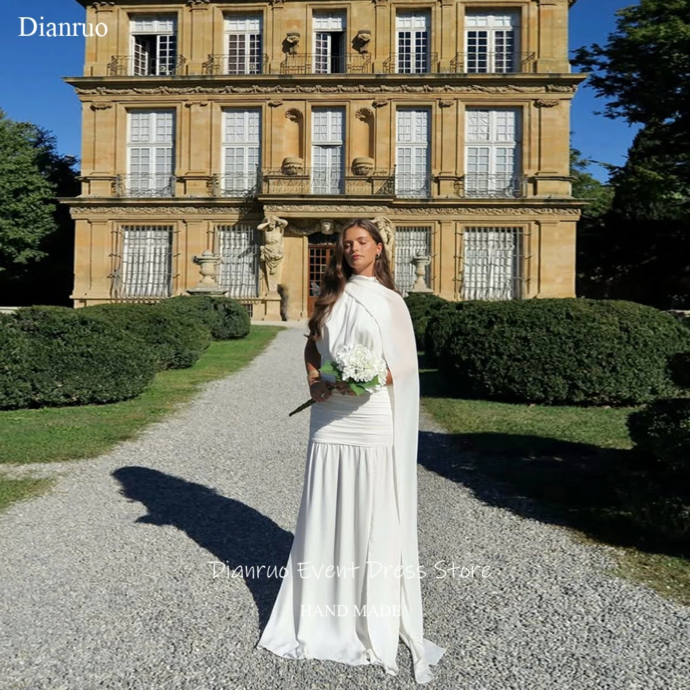

Dianruo White High Neck Long Wedding Dress Flowy Ruched Bridal Vestido De Noiva A Line Minimalist Evening Dresses Customized