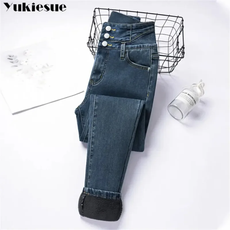 

2025 женские зимние эластичные утолщенные кашемировые теплые брюки с высокой талией, утепленные джинсы, женские утолщенные повседневные эластичные брюки-карандаш