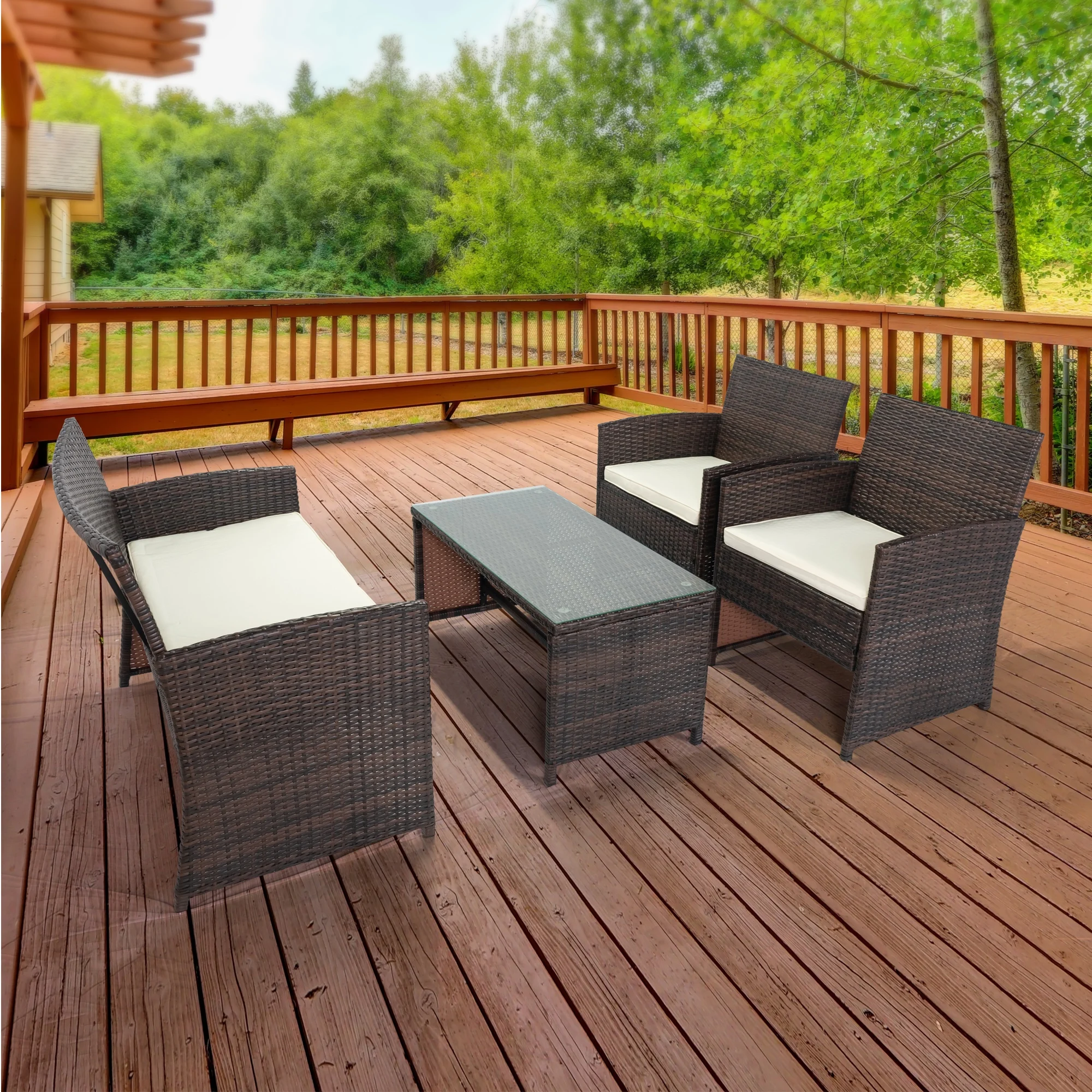 4 PCS Wicker Terrasse Gespräch Set, Outdoor Rattan Sofas mit Tisch Set, terrasse Möbel Set mit Weichen Kissen & Kaffee Tisch