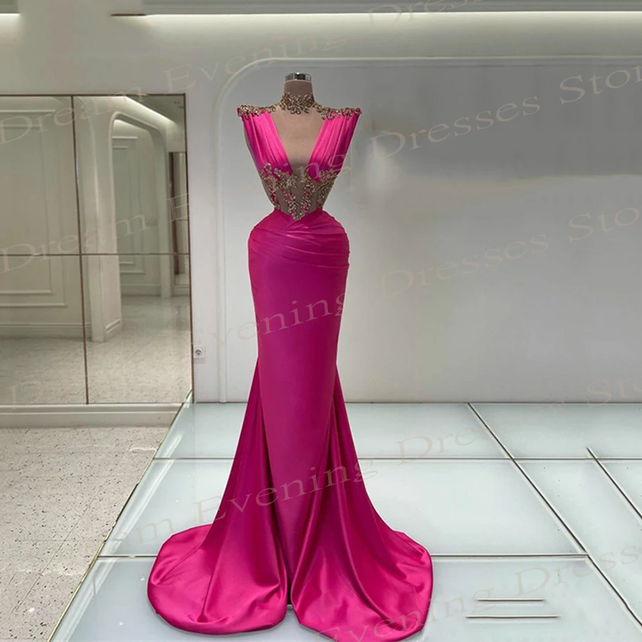 

2024 Modern Pink Women's Mermaid Charming Evening Dresses Sleeveless Formal Party Prom Gowns High Neck Pleated Vestido De Noche