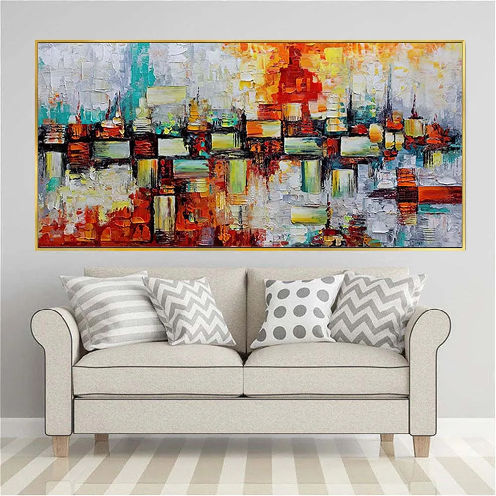 

Famous Painter Handmade Rainbow Color Block Abstract Oil Painting Palette Knife Thick Texture Canvas Paintings Decor Home Wall