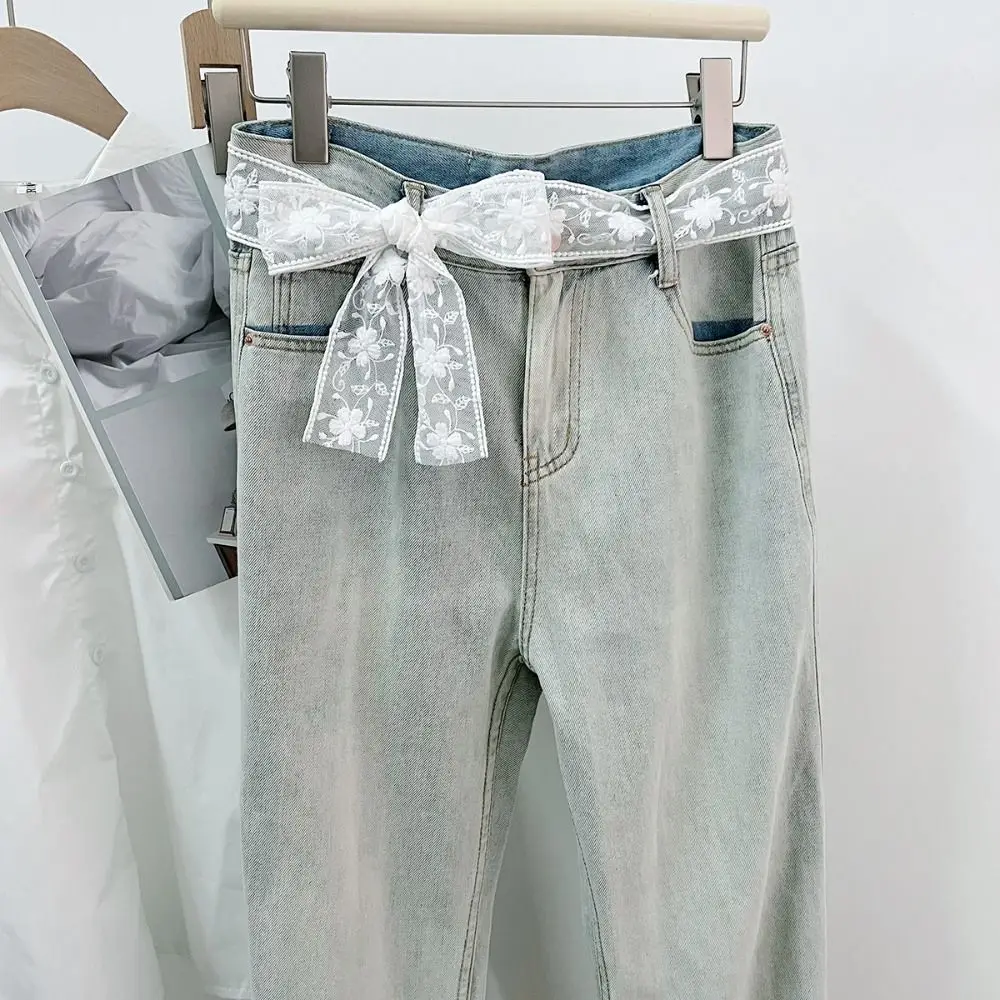 Korean Sweet Lace Waistband Long Y2k Gauze Waist Belt Bow Thin Dress Jeans Belt Spicy Girls