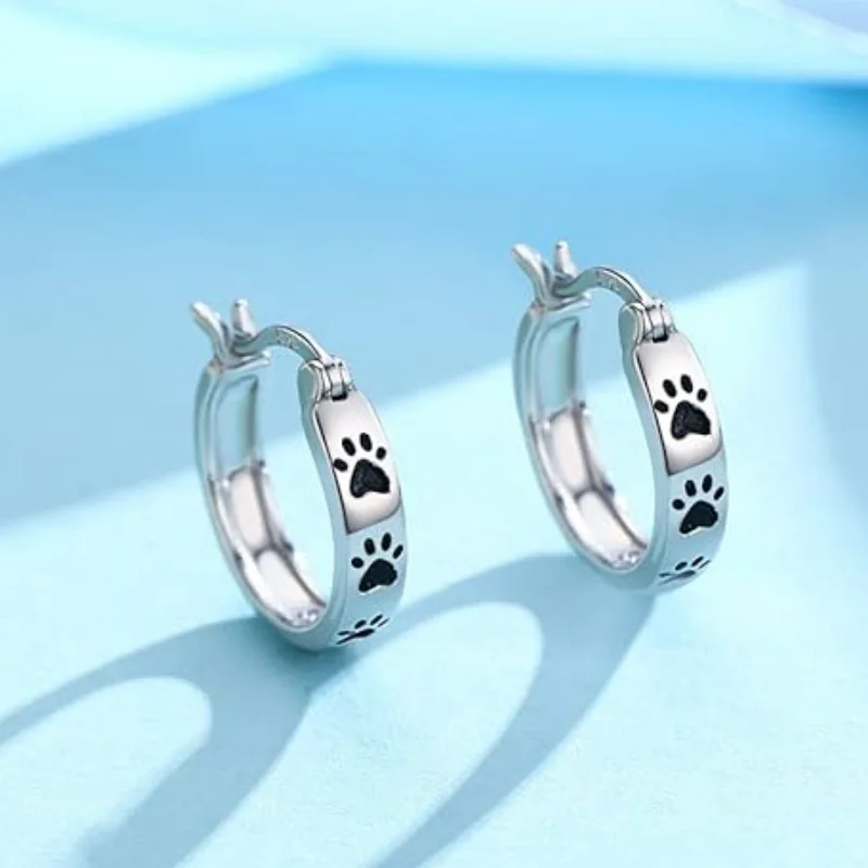 Huitan Cute Footprint Hoop Earrings 925 Sterling Silver Love Animals Ear Accessories for Women Lovely Versatile Party Jewelry