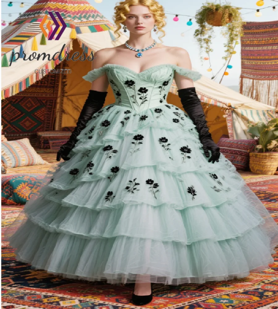 Vestido de Noche Verde Salvia Caprichoso 2026 con Hombros Descubiertos, Largo Té, de Tul, para Fiesta de Graduación, Disfraz, Estilo Gitano, para Fiestas de Verano y Vacaciones, Medieval vestidos juveniles
