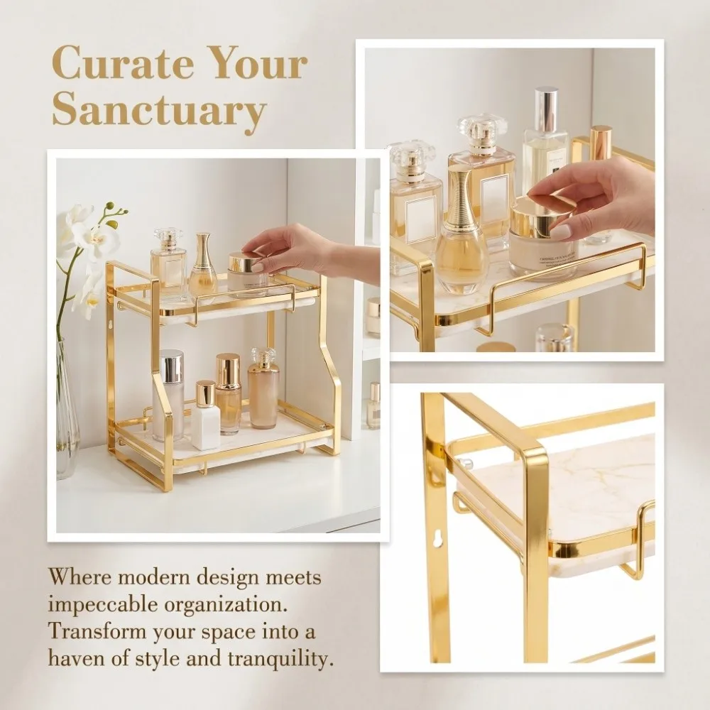 Durable White and Gold Storage Shelf Iron Large Capacity Standing Rack 2 Tier Easy Assembly Organizer Shelf Multipurpose Storage