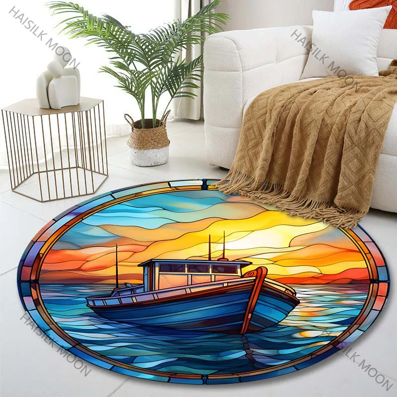 Multiple sizes Stained glass boat at sunset Print Round Carpet Living Room Bedroom Table Chair Sofa Decorative Carpet