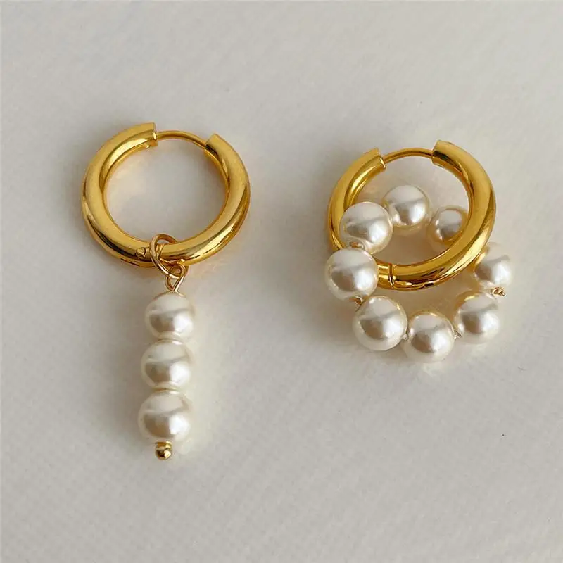 (.) Retro New Trendy Geometric Stereo Heart-Shaped Earrings For Women Asymmetrical Imitation Pearl Earrings Punk Jewelry