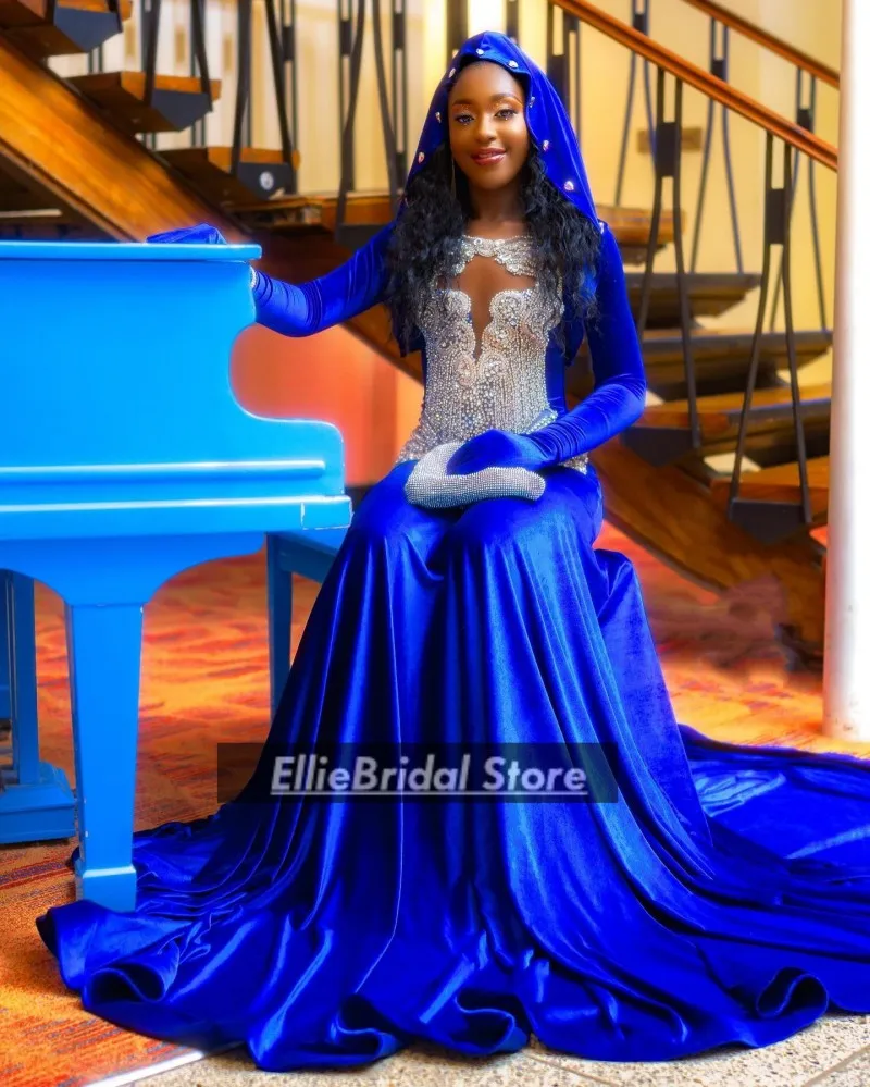 Royal Blue Prom Dresses With Cloak Black Girl 2025 Velvet Party Dress Long Sleeves Rhinestone African Evening Gowns Customized