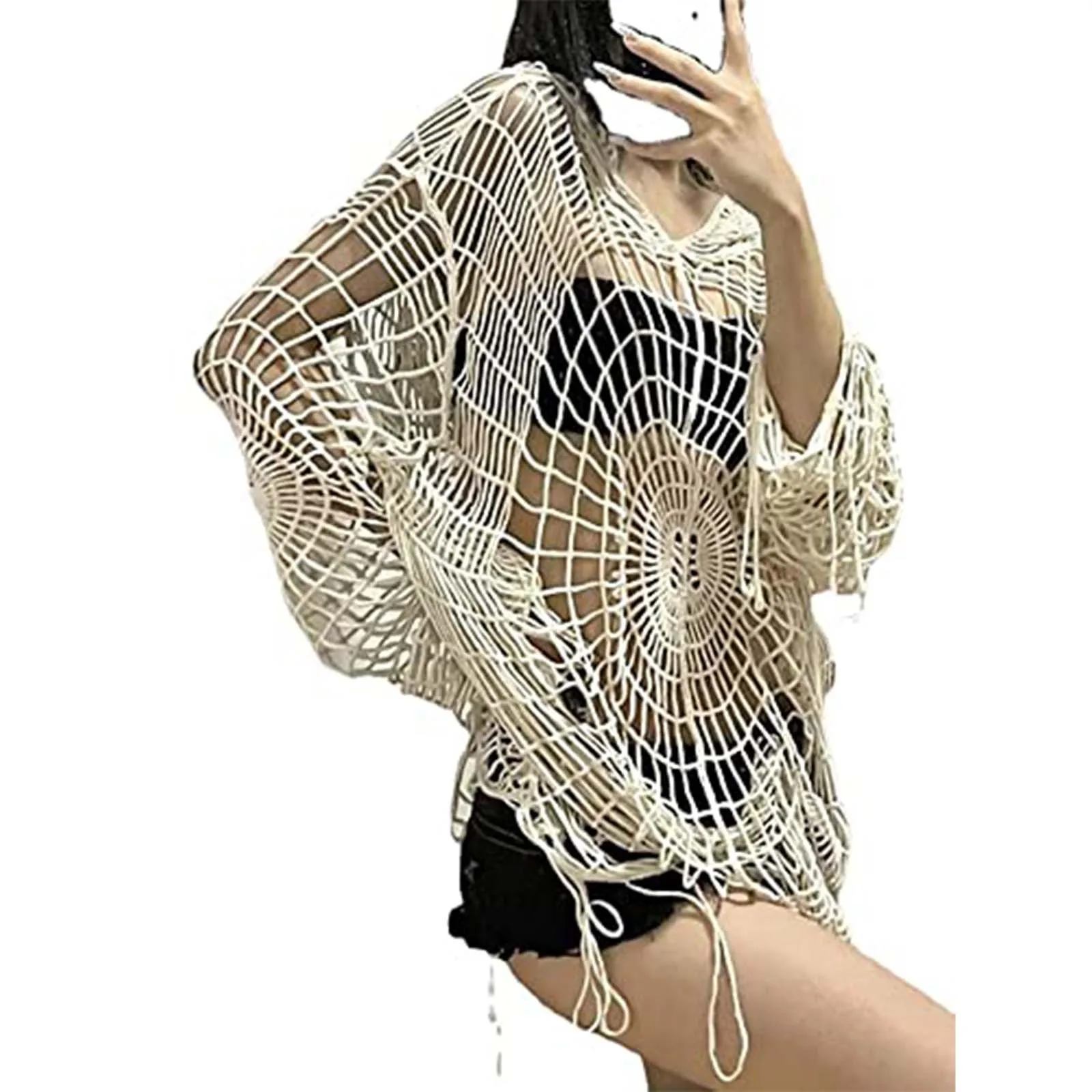 Y2K Hollow Knit Hooded Tops Women Goth Spider Web Spice Girl Mesh Pullovers Female Korean Fashion Halloween Fishing Net Sweaters