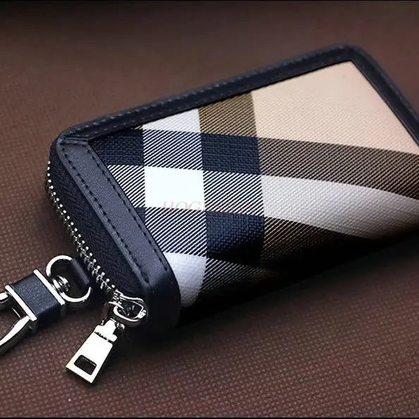 1pcs Plaid leather lined car remote key bag, men's and women's cowhide lined multifunctional waist hanging key bag