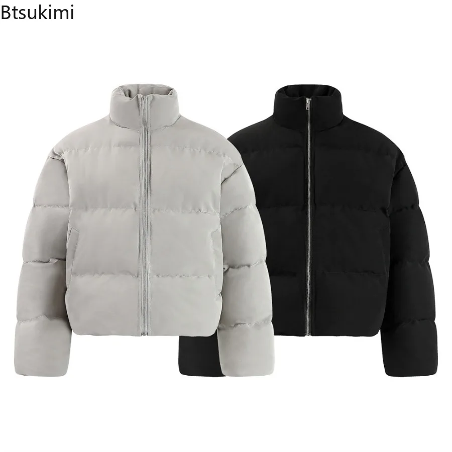 

2025 Men's Winter Fashion Cotton Padded Coat Winter Cropped Stand Collar Puffer Jackets Long Sleeve Thick Warm Overcoats for Men