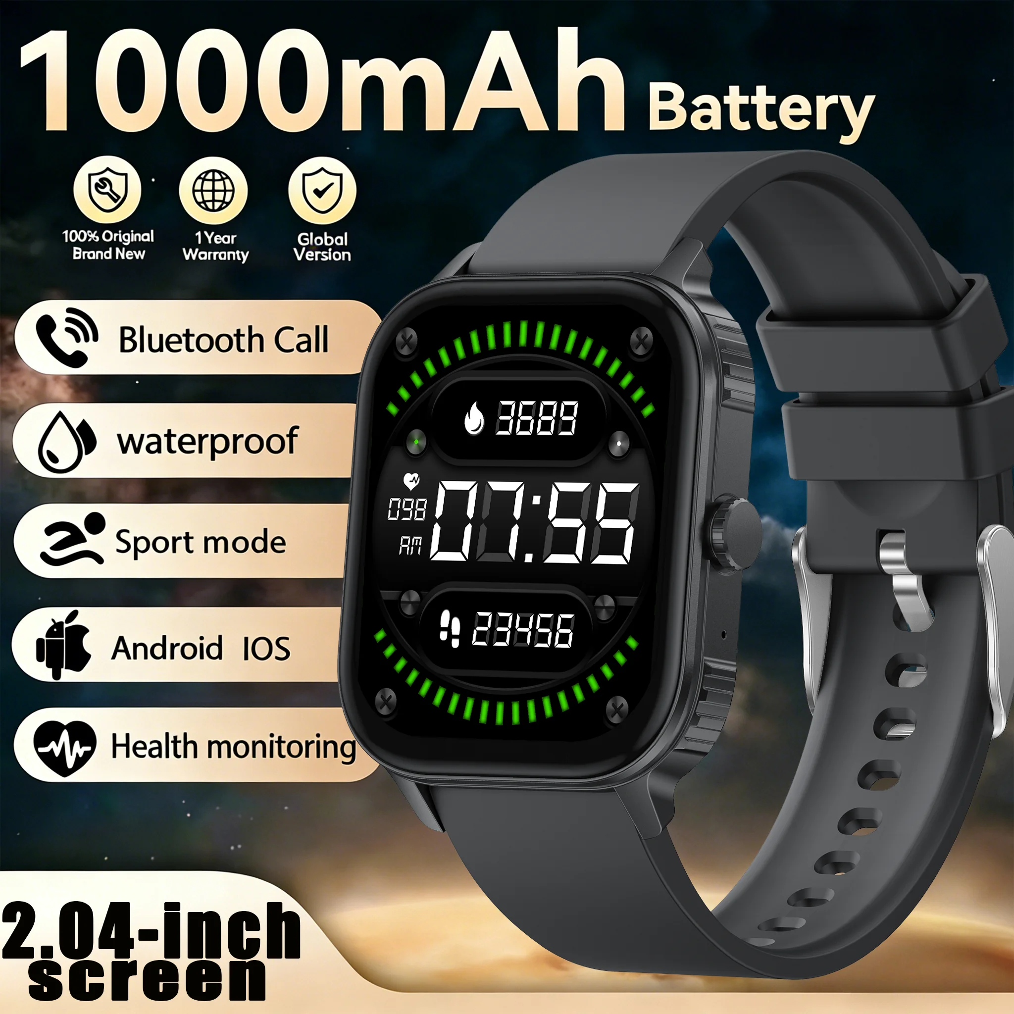 

Новые смарт-часы 2026 года с встроенной батареей 1000 мАч, GPS, AMOLED-экраном 2,04 дюйма, водонепроницаемостью 3ATM и HD-звонками для мужчин, для активного отдыха