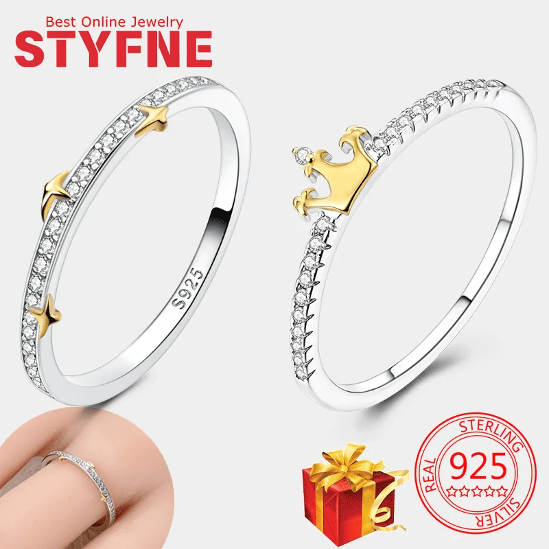

New 925 Sterling Silver Sparkling Crown Woman Ring With Golden Star Luxurious Jewelry Wedding Ring Gift Bag