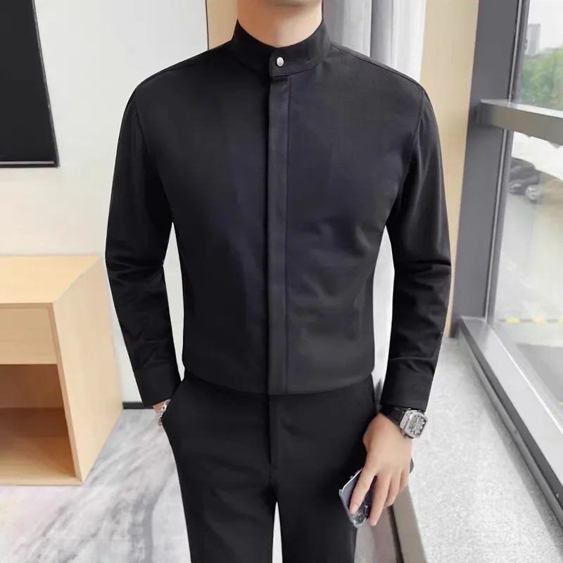 LIBIELIY High Quality Autumn Winter Woolen Long Sleeve Casual Shirts Men Solid Stand Collar Slim Fit Fashion Business Zipper Shi