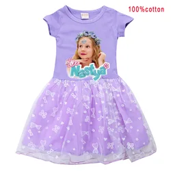 Russian Like Nastya Clothes Kids Short Sleeve Casual Dress Baby Girls Lace Dress & Wreath Children Wedding Party Vestidos