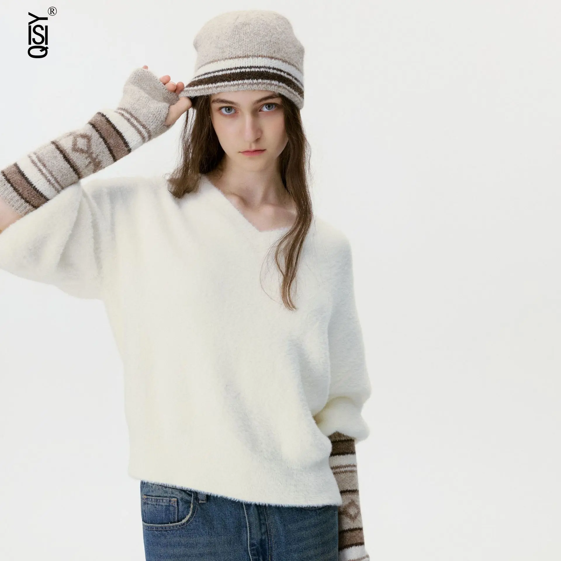 قبعة وأغطية للأكمام من قماش الجاكار الكوري القديم، قبعة وقفازات نسائية شتوية من الصوف المحبوك من قماش الجاكار