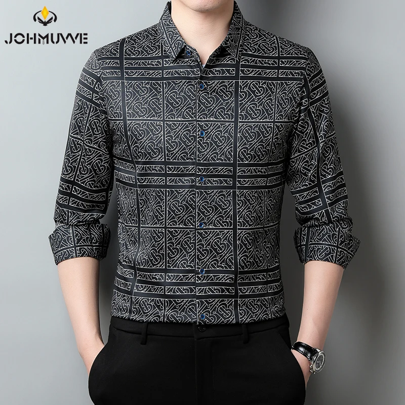 New Men's Casual Printed Long Sleeved Lapel Shirt for Spring and Autumn Fashion Comfortable Wrinkle Free Top Without Ironing