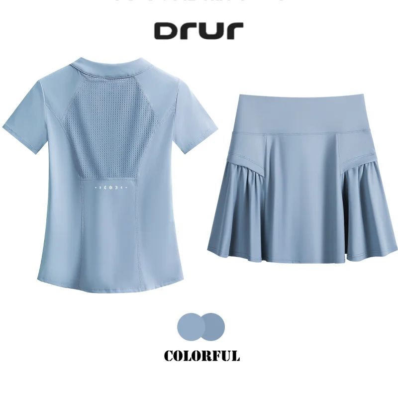 DRUR 2pcs Tennis Skirt Set Women Summer Sports Suit 2 Piece Fitness Top Skort Sets Ladies Golf Wear Set Sportswear Outfits 2025