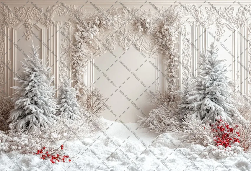 Mehofond Fotografie Hintergrund Winter Weihnachten Weiß Panel Wand Schnee Kiefer Kinder Familie Porträt Dekor Hintergrund Foto Studi