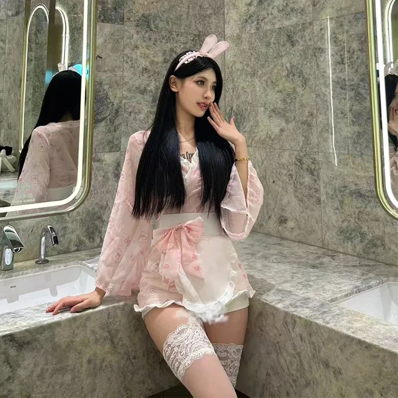 CyCute сексуальное японское кимоно стильное нижнее белье Kawaii розовый кролик с принтом заманчивая униформа соблазнительное платье горничной аниме костюмы для косплея