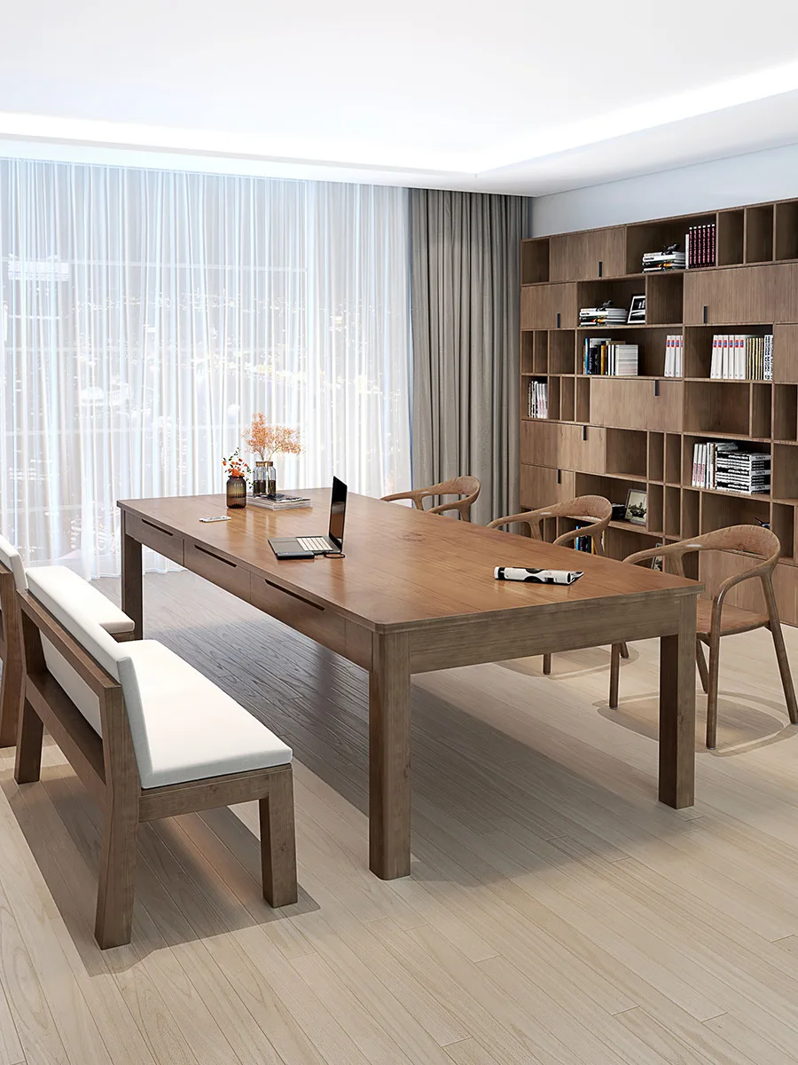 American office solid wood conference table, creative studio with drawer workbench, library multi-person study table