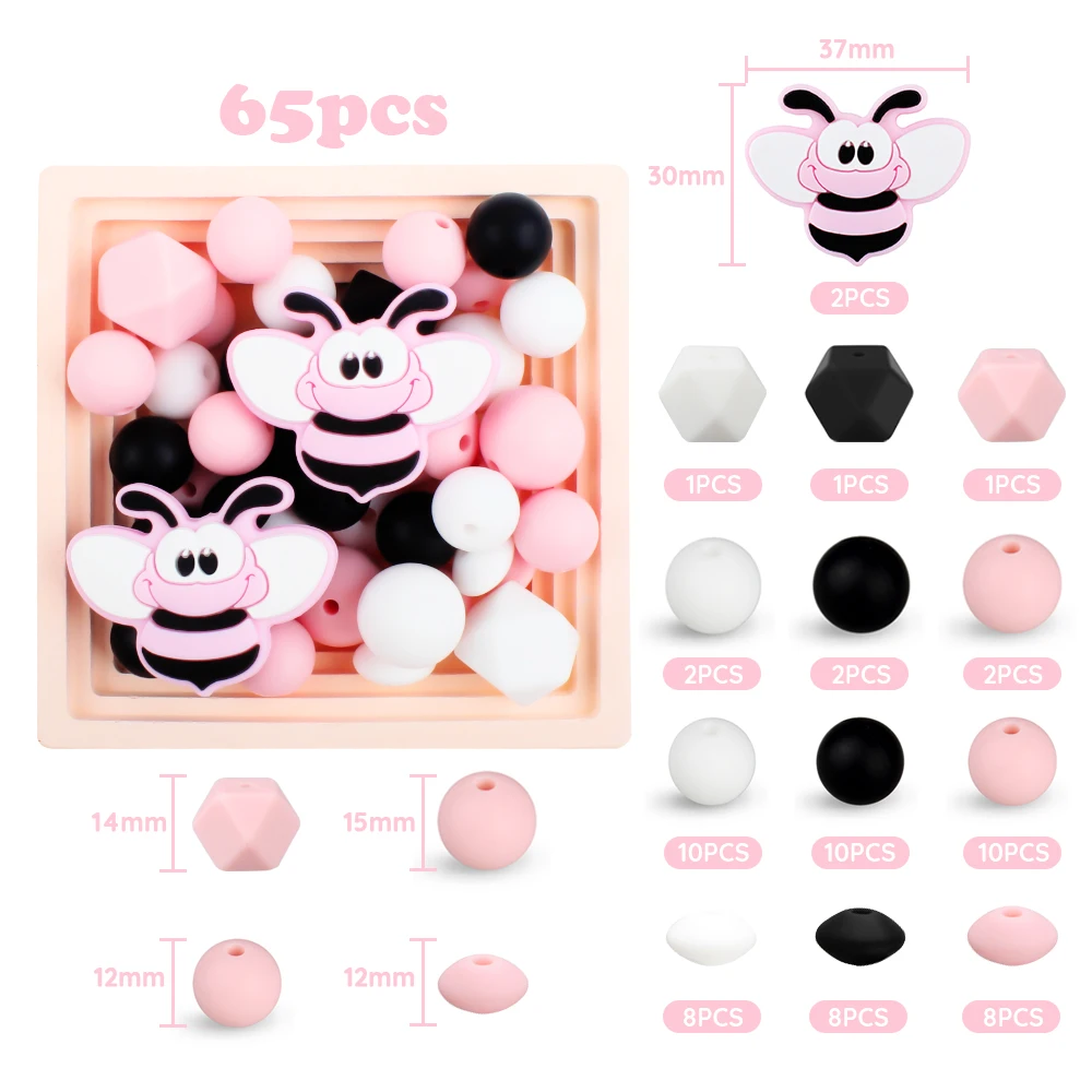 65Pcs/Set honeybee Silicone Beads Baby Hexagon Round Teething Beads Teether Set DIY Pacifier Chian Jewelry Nursing Accessory