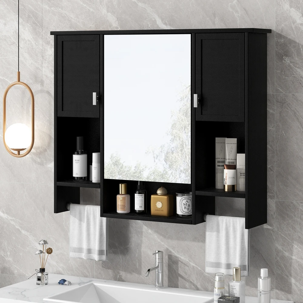 35'' x 28'' Modern Wall Mounted Bathroom Storage Cabinet, Bathroom Wall Cabinet with Mirror, Medicine Cabinet with Towels Bar